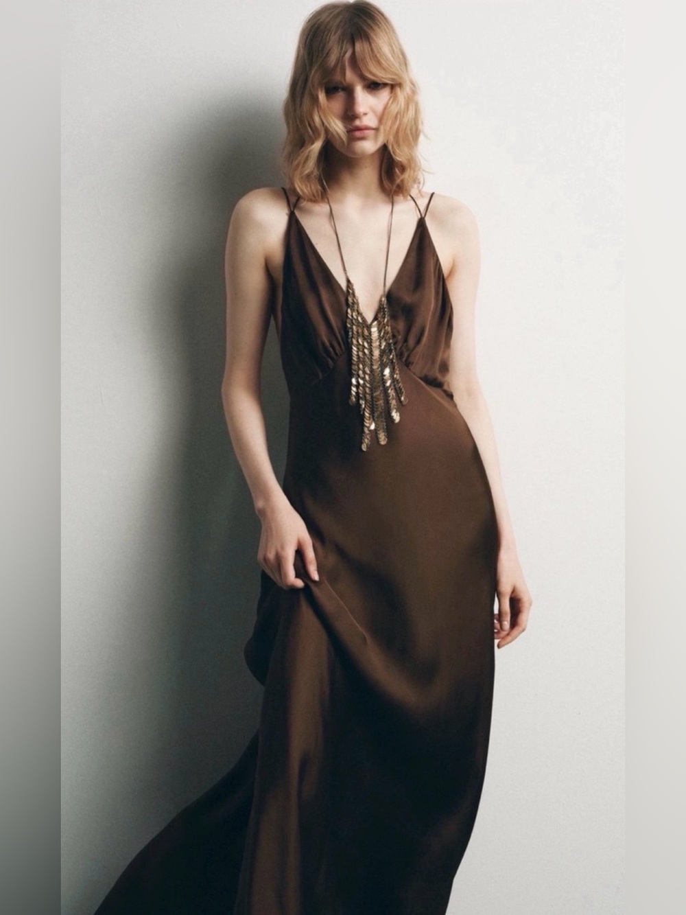 Zara Satin V-Neck Rouched Midi Lingerie Dress Fluid Silhouette Chocolate Small
